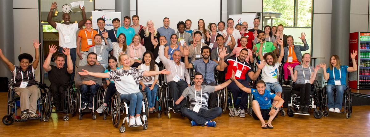 Athletes pose for a group photo at the first IPC Athletes Forum in Duisburg.
