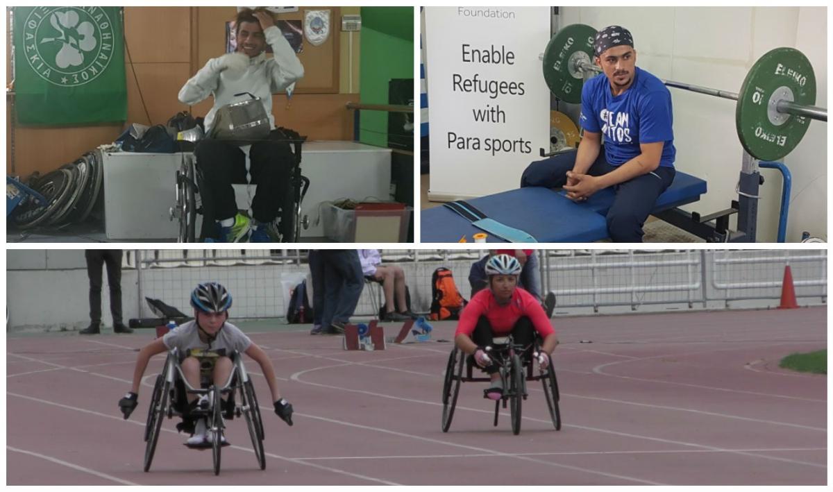 two men in wheelchairs and one sitting on a powerlifting bench