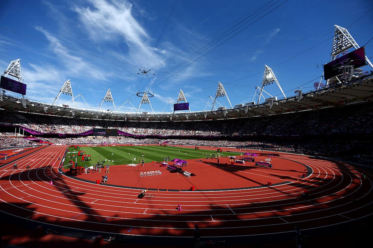 London 2012 Olympic Stadium a wide shot of a stadium with fans watching