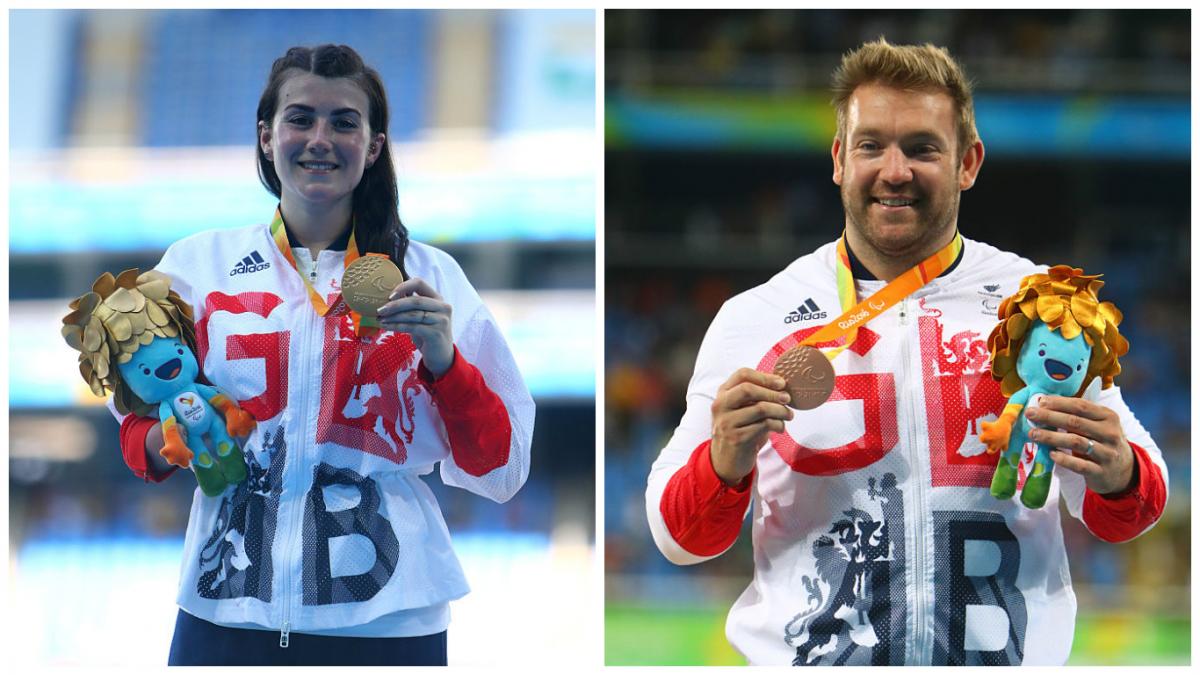 A male and female athlete stand on a podium holding their medals