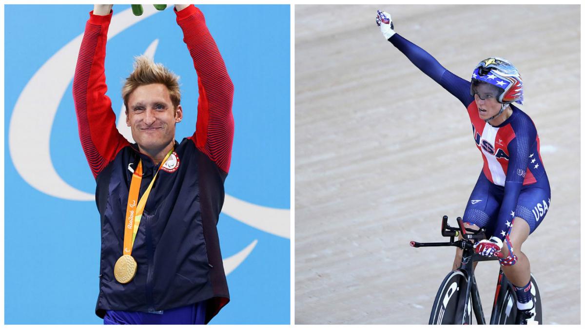 one man stands with arms raised on a podium and one woman waves on a bike
