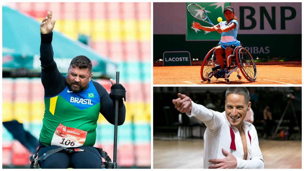 a woman playing wheelchair tennis, a man strikes a wheelchair dance pose, a man throws a shot put