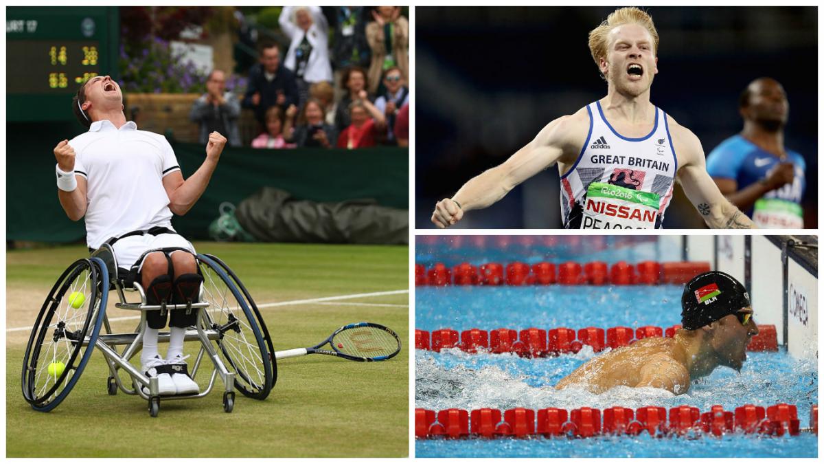 a man celebrates in a wheelchair, a runner celebrates crossing the line, a swimmer touches the wall 
