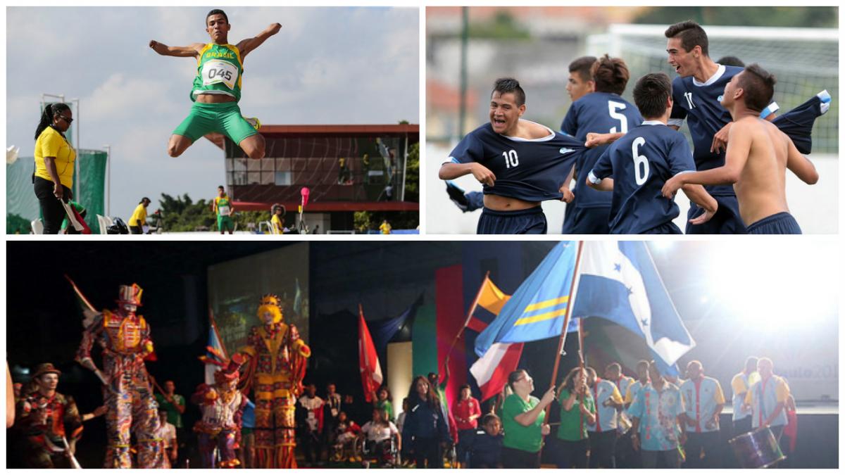 Sao Paulo 2017 - collage a man jumps into a sandpit, a group of men celebrate a goal, a group of athletes parade through a stadium