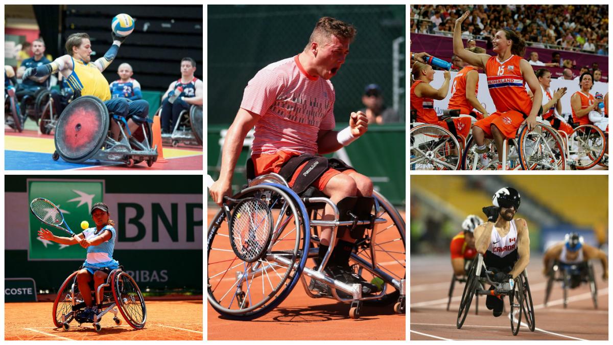 five athletes in wheelchairs celebrating