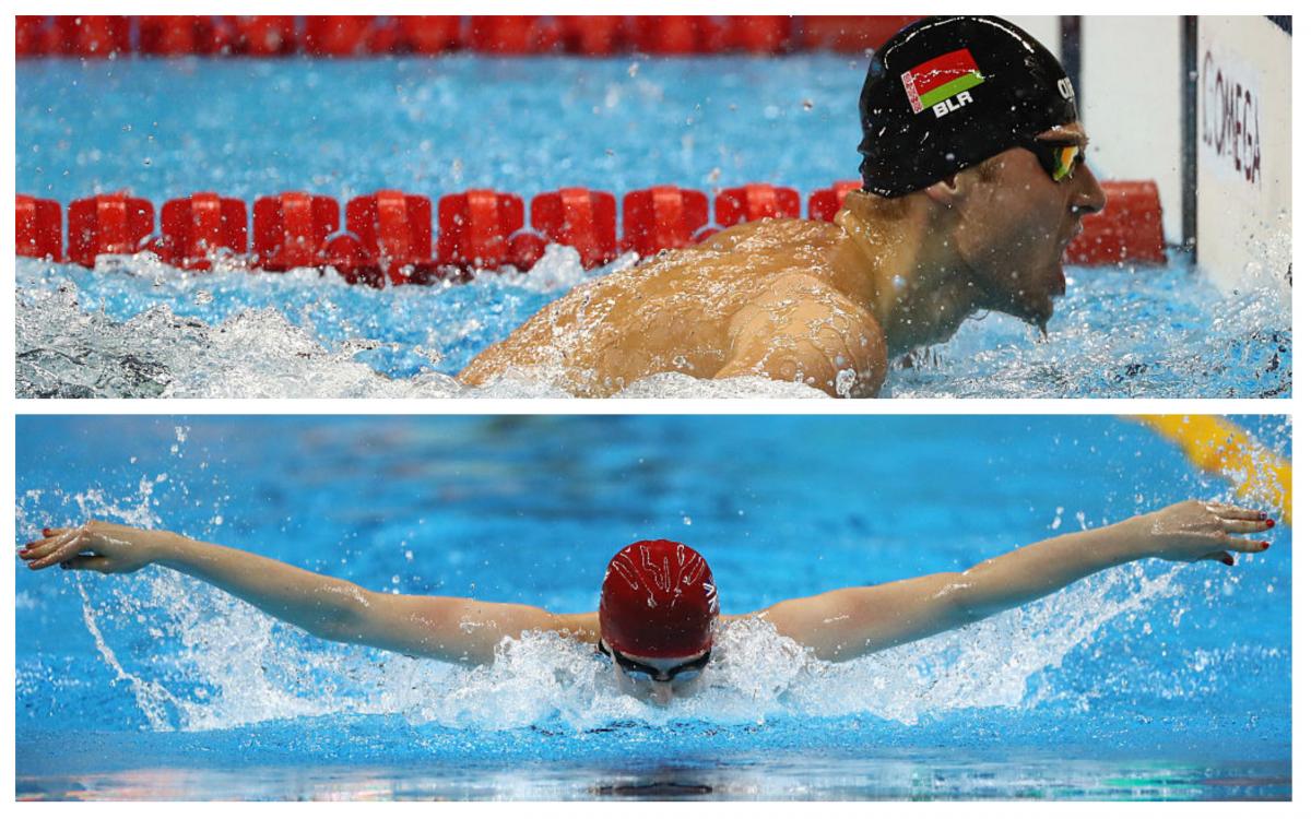 Boki and Firth - collage A male swimmer touches the wall and a female swimmer breathes during a stroke