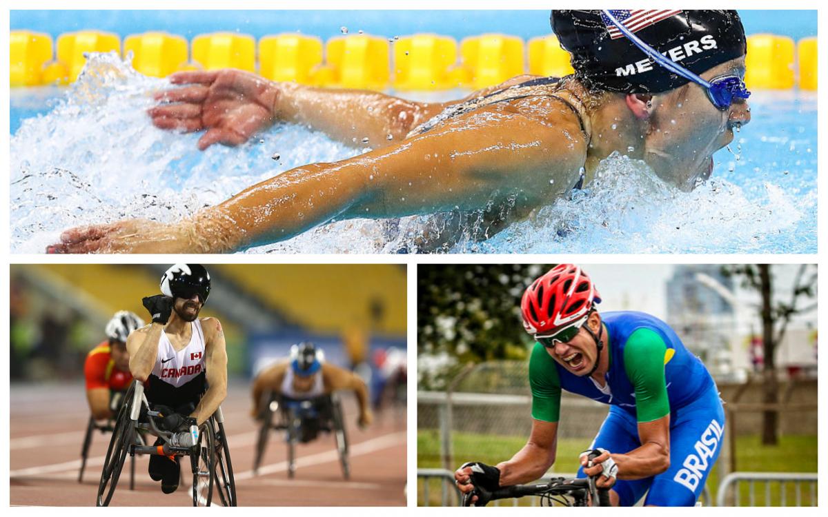 A wheelchair racer celebrating a win, a cyclist on a bike, a swimmer mid-butterfly stroke