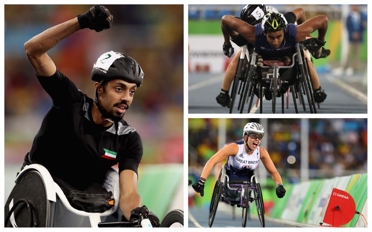 three wheelchair athletes celebrate winning races