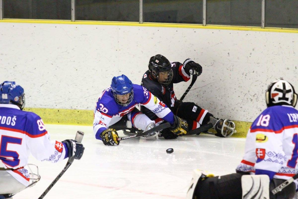Slovakia v Japan - Para ice hockey B-Pool Tournament 2016 a group of para ice hockey players fight for the puck