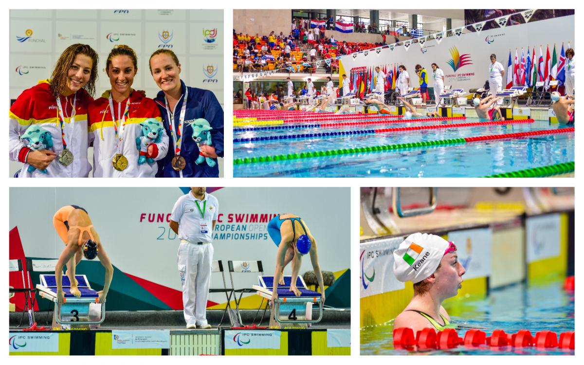 Funchal 2016 - collage para swimmers jump into a pool, a swimmer reaches the wall, three women pose with their medals
