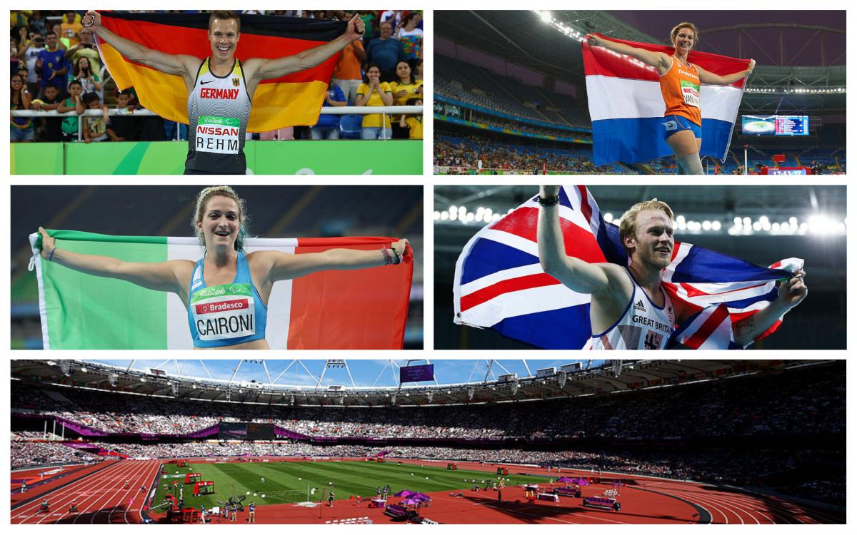London 2017 preview - collage four Para athletes hold up their national flags