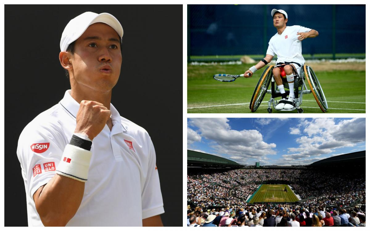 an able-bodied and wheelchair tennis player, a tennis stadium