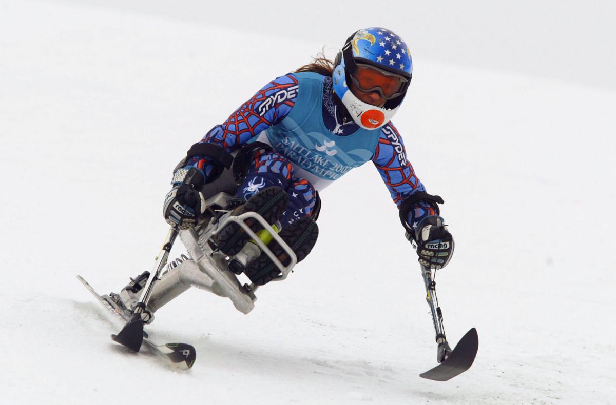 Sarah Will - Salt Lake 2002 a para alpine skier skies down a slope