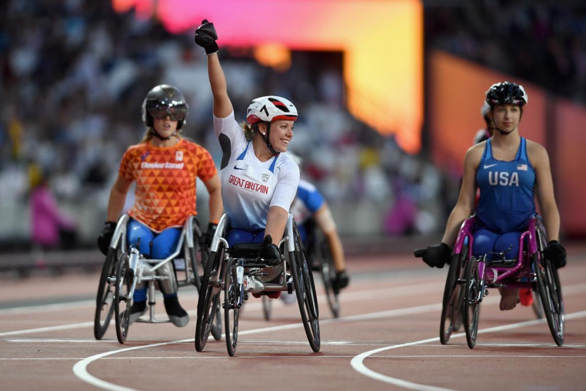 Hannah Cockroft - London 2017 a wheelchair racer celebrates winning a race