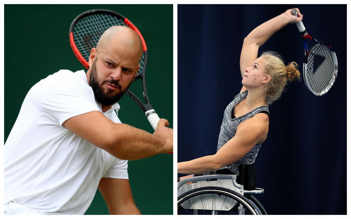 two wheelchair tennis players go for a shot