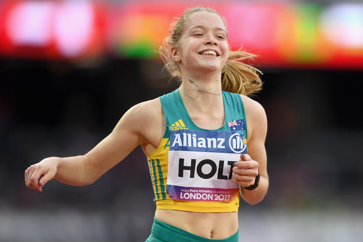 Australia's Isis Holt celebrates winning the gold medal with a world record in the women's 100m T35 at London 2017.