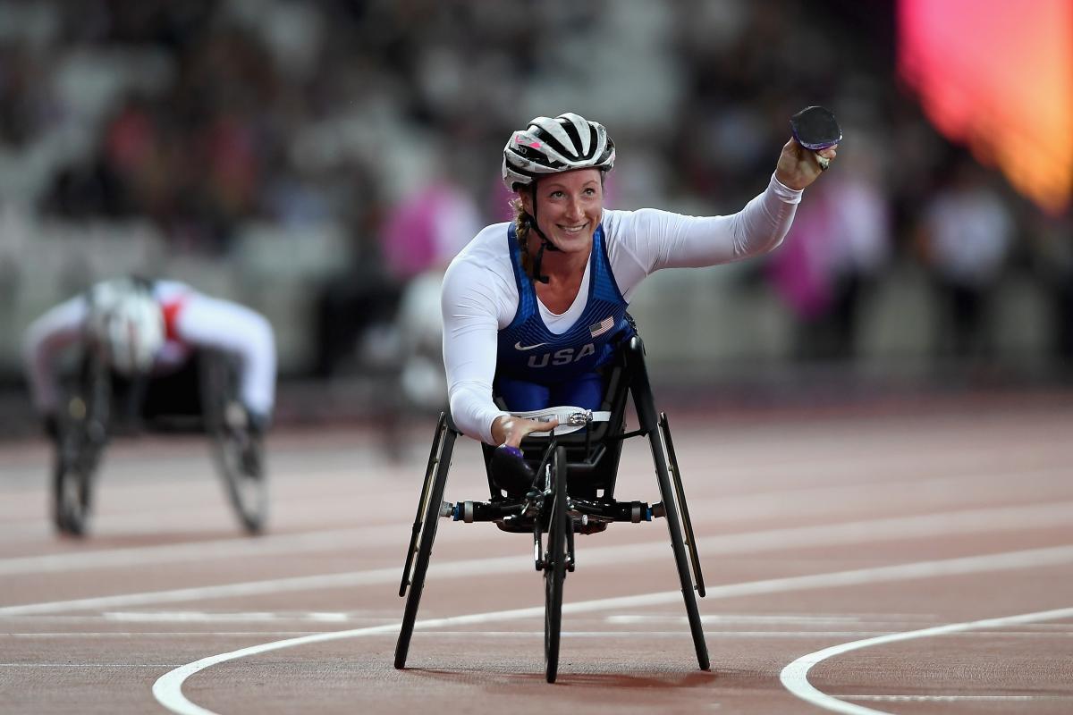 The USA's Tatyana McFadden takes victory at the World Para Athletics Championships London 2017.