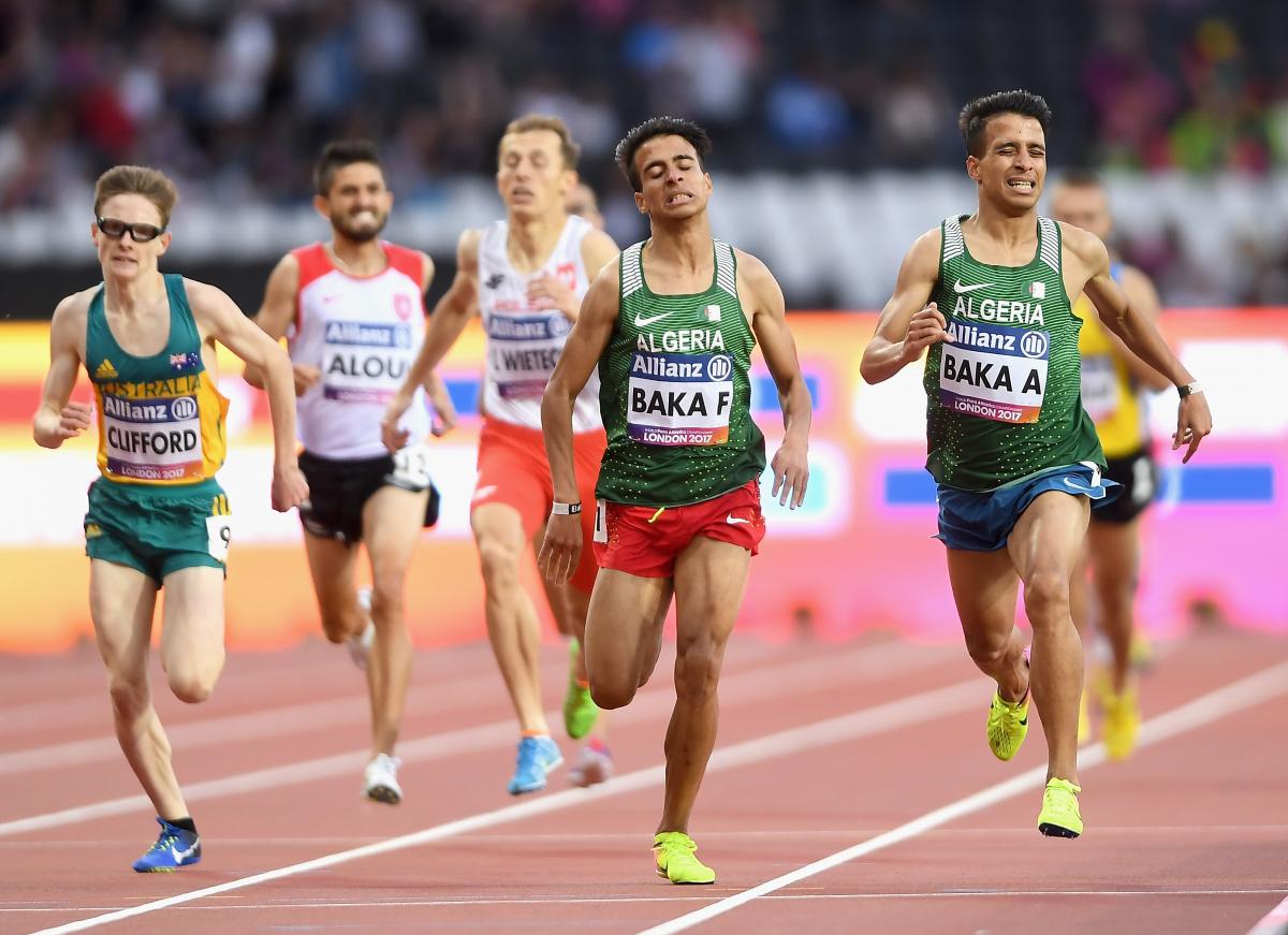 Fouad Baka of Algeria (L/Silver) and Abdellatif Baka of Algeria (R/Gold) cross the line to win their respective medals in the men's 1500m T13 final at London 2017.