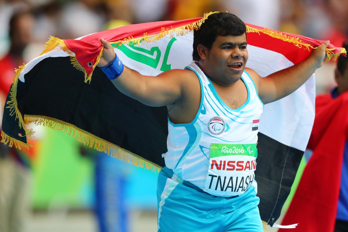 Garrah Tnaiash Garrah Tnaiash of Iraq celebrates after winning in men's shot put F40 at London 2017.