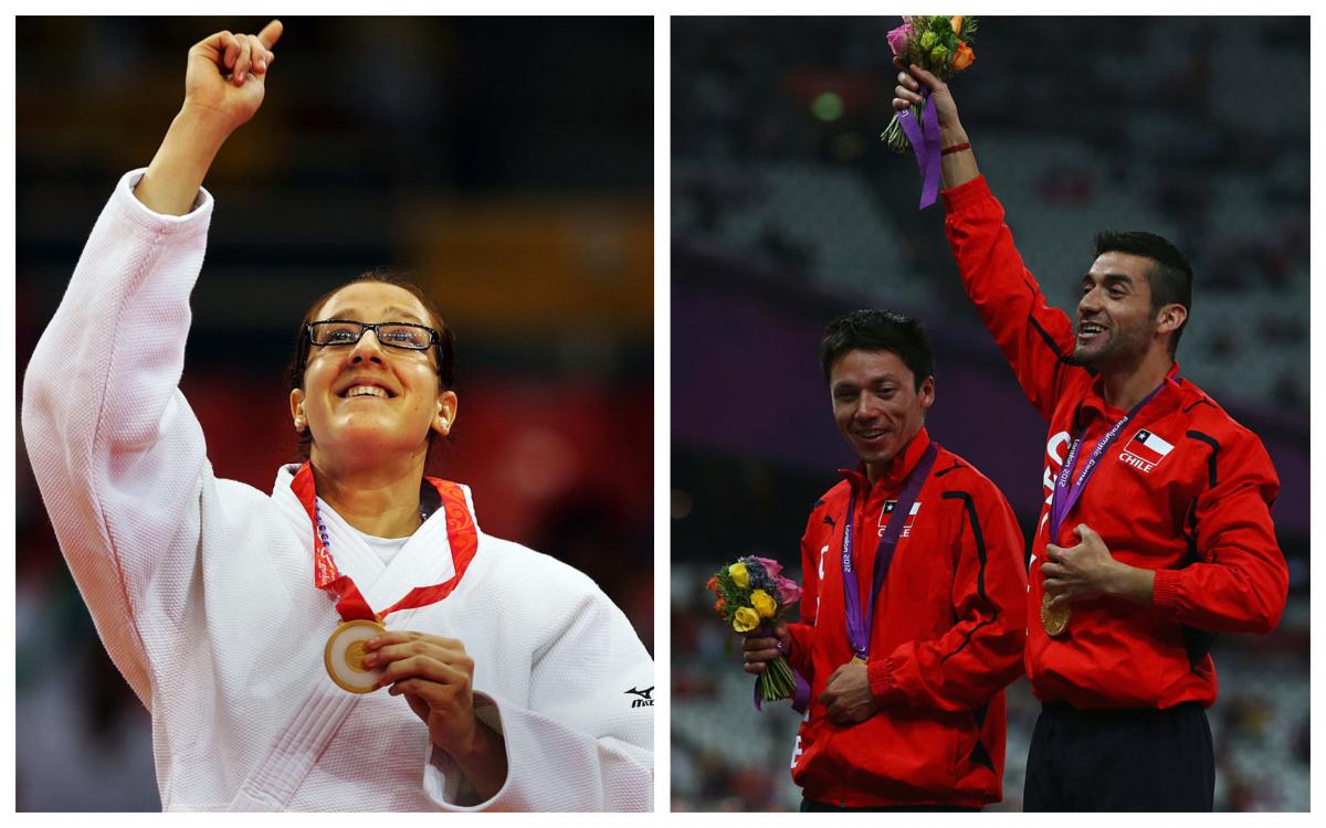 two para athletes celebrate with their gold medals on the podium