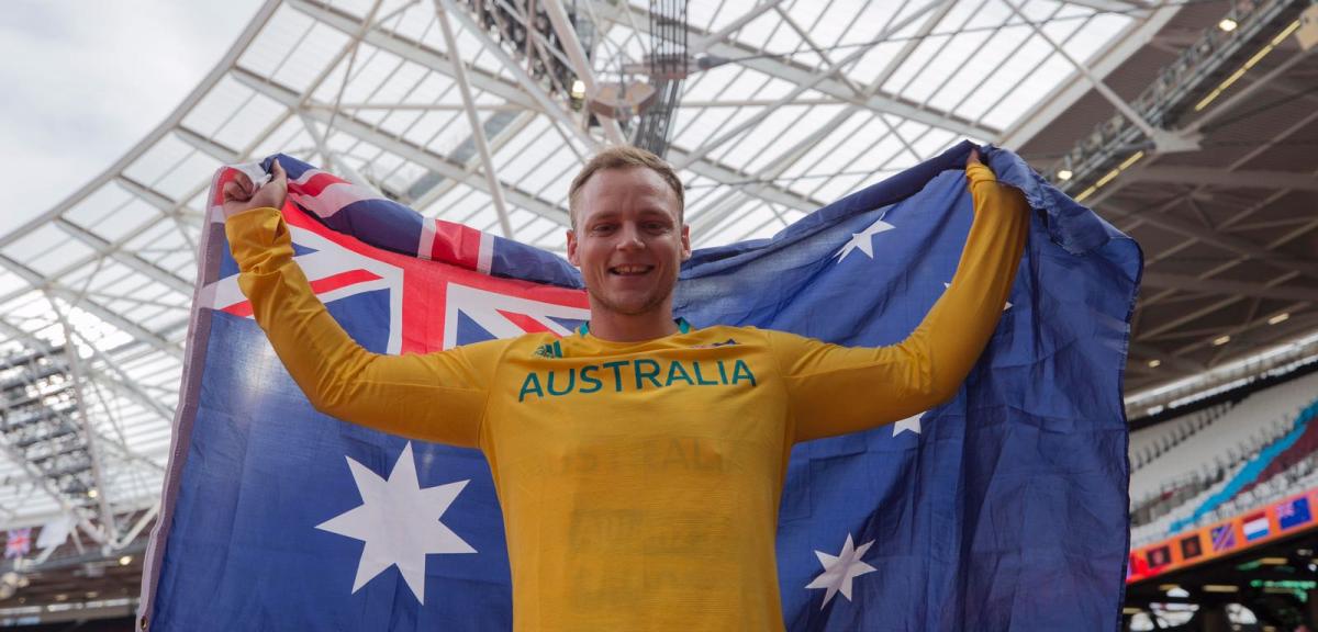 Jayden Sawyer Australia London 2017 An athlete poses with the Australia flag after winning gold