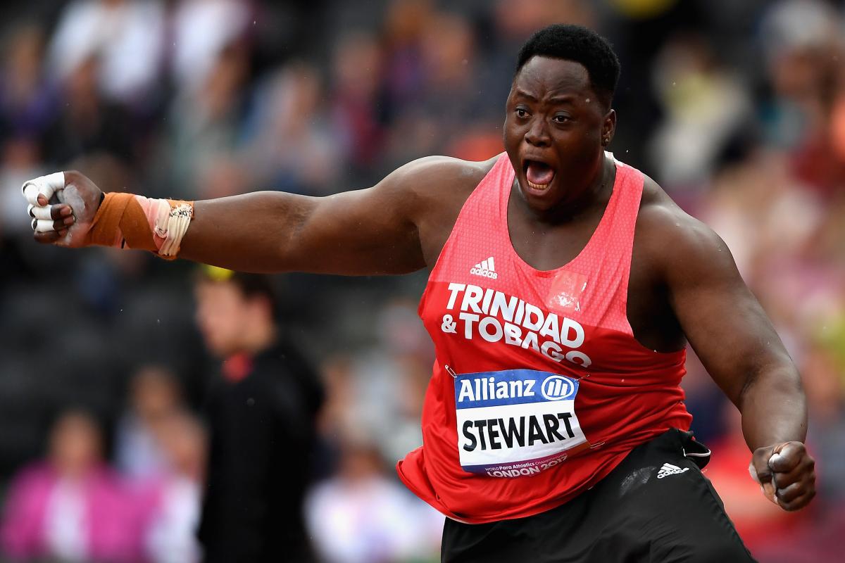 Akeem Stewart Akeem Stewart of Trinidad and Tobago lets out a roar after smashing the shot put F43 world record.