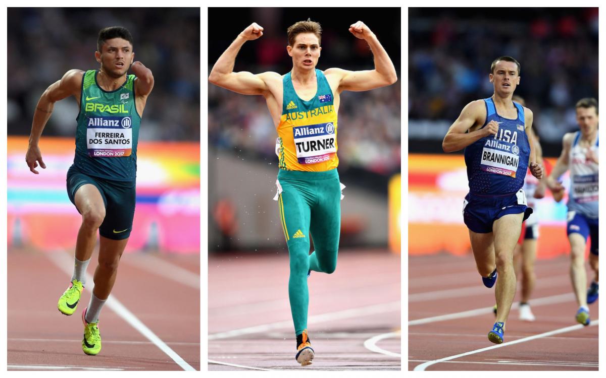 three Para sprinters run towards the finish line