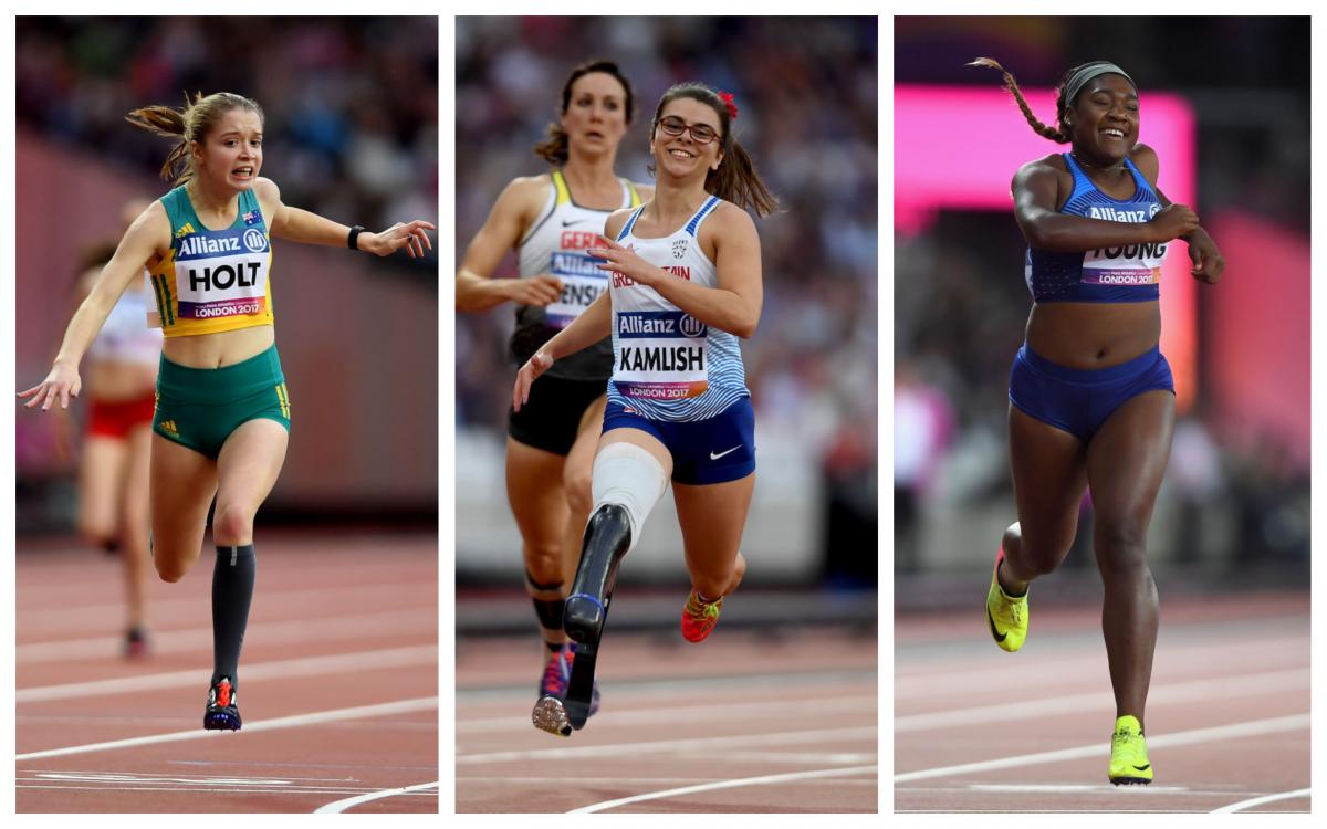three female Para sprinters running 