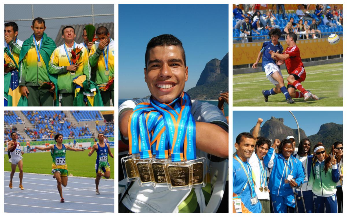 Rio 2007 Parapans - collage a group of athletes competing in Para sport and showing off their medals