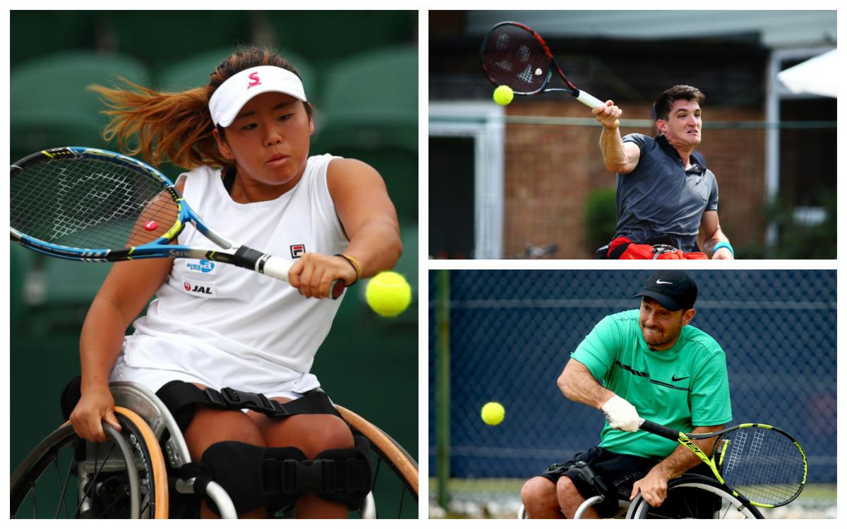 three wheelchair tennis players hit a shot