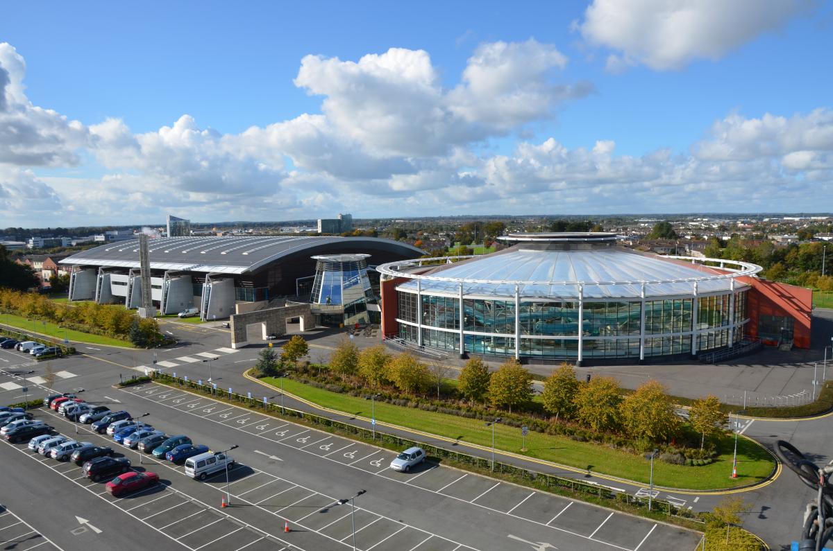 an aerial view of an aquatics centre