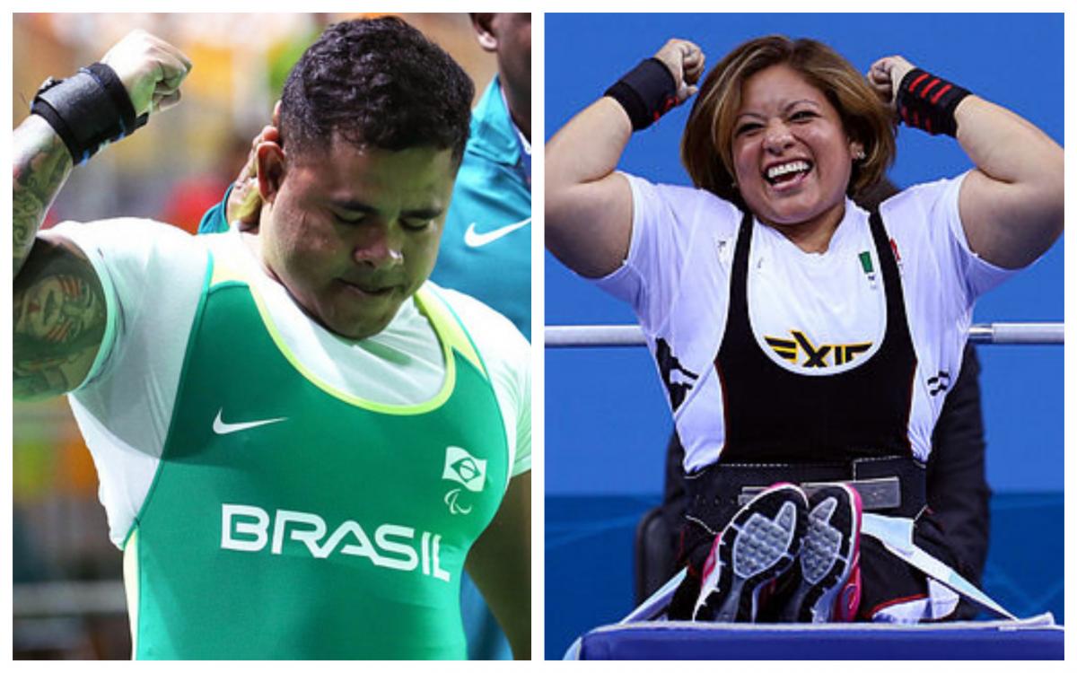a male and a female powerlifter celebrate their wins