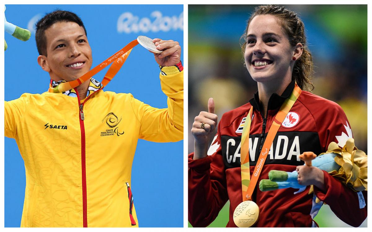 a male and a female para swimmer celebrate with their medals