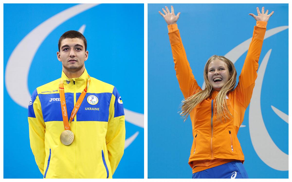 a male and a female Para swimmer celebrate on the podium