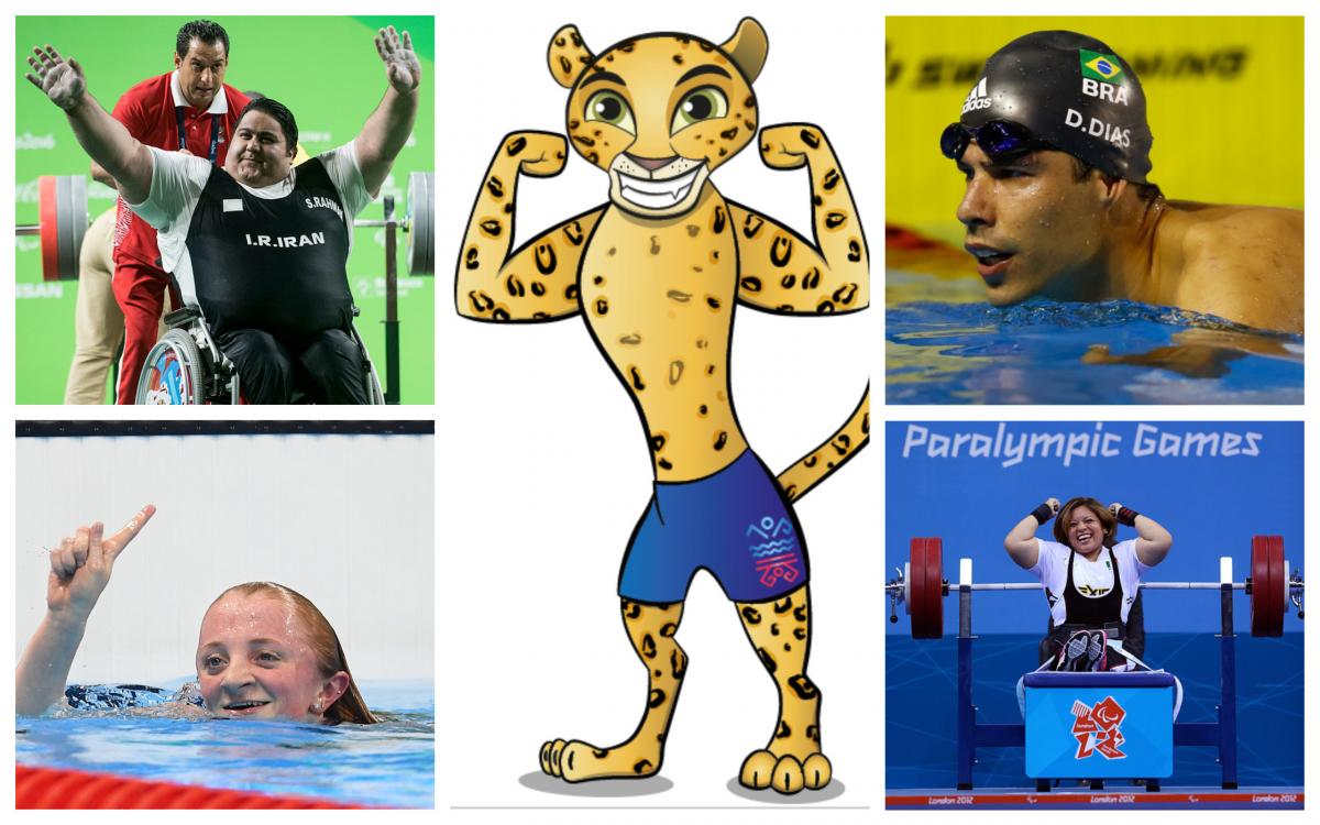 two Para powerlifters, two Para swimmers and a cartoon jaguar