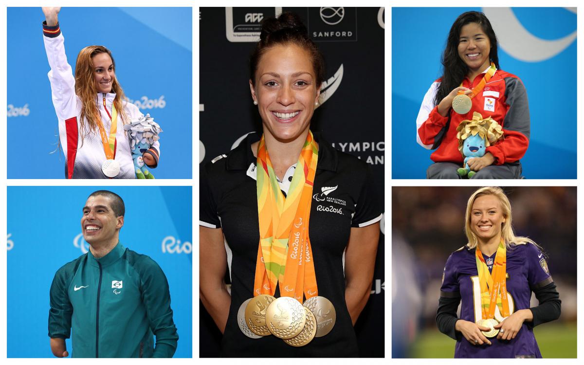 Swimmers on social media - collage five Para swimmers smile on the podium