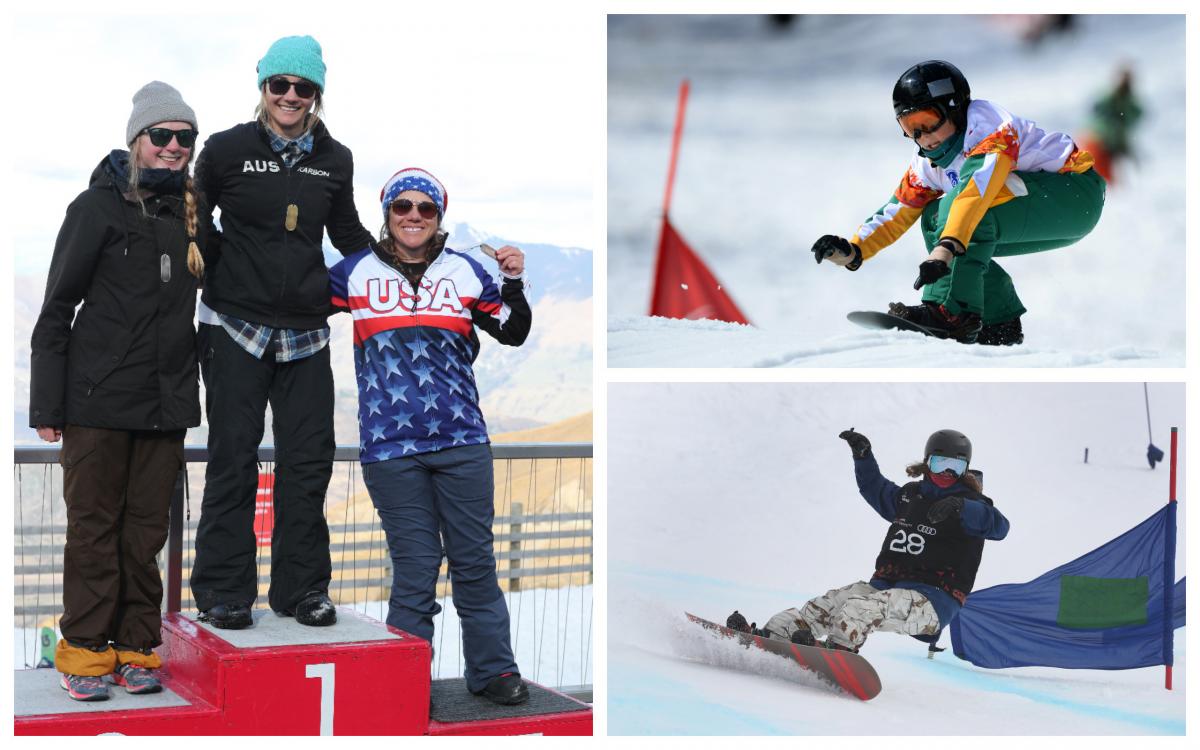 three male and three female Para snowboarders stand on the podium