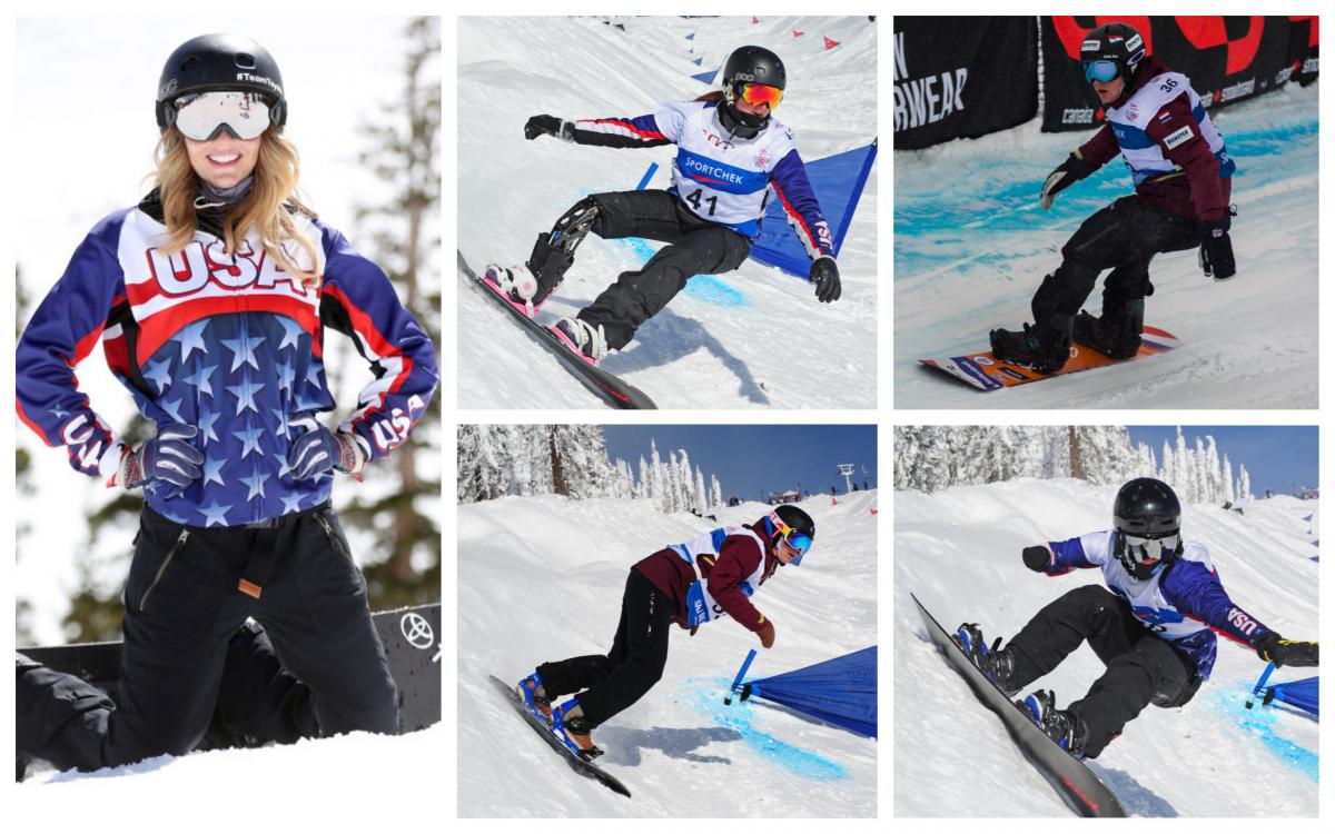 five Para snowboarders on the slopes