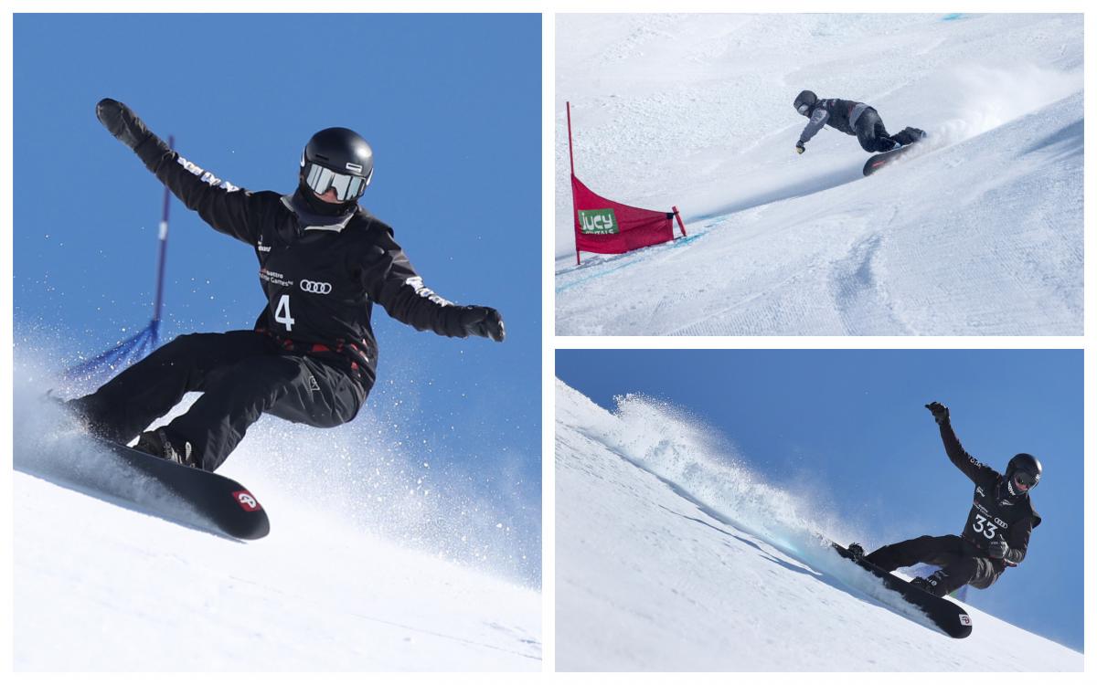 three Para snowboarders ride down a banked slalom course