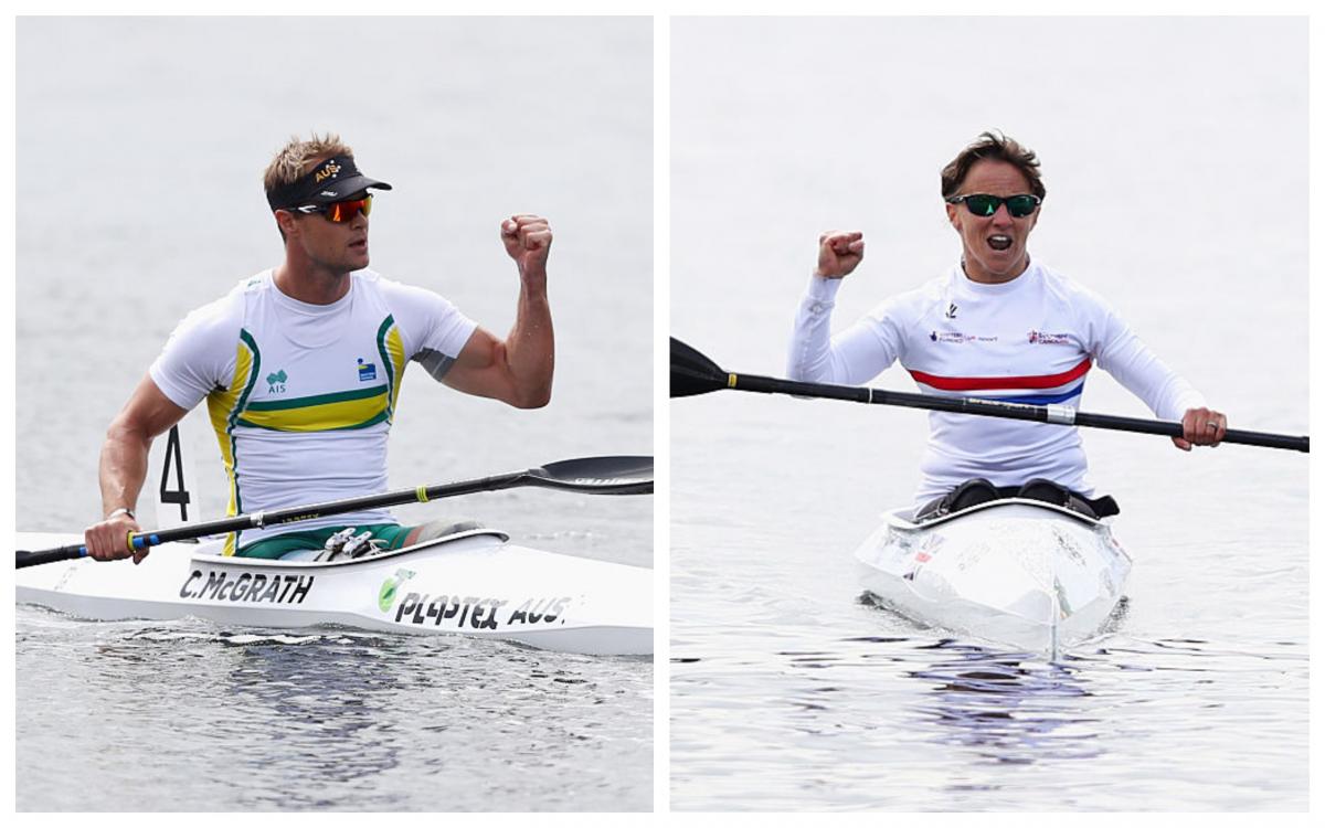 Curtis McGrath and Emma Wiggs - collage a male and a female Para canoeist celebrate on the water
