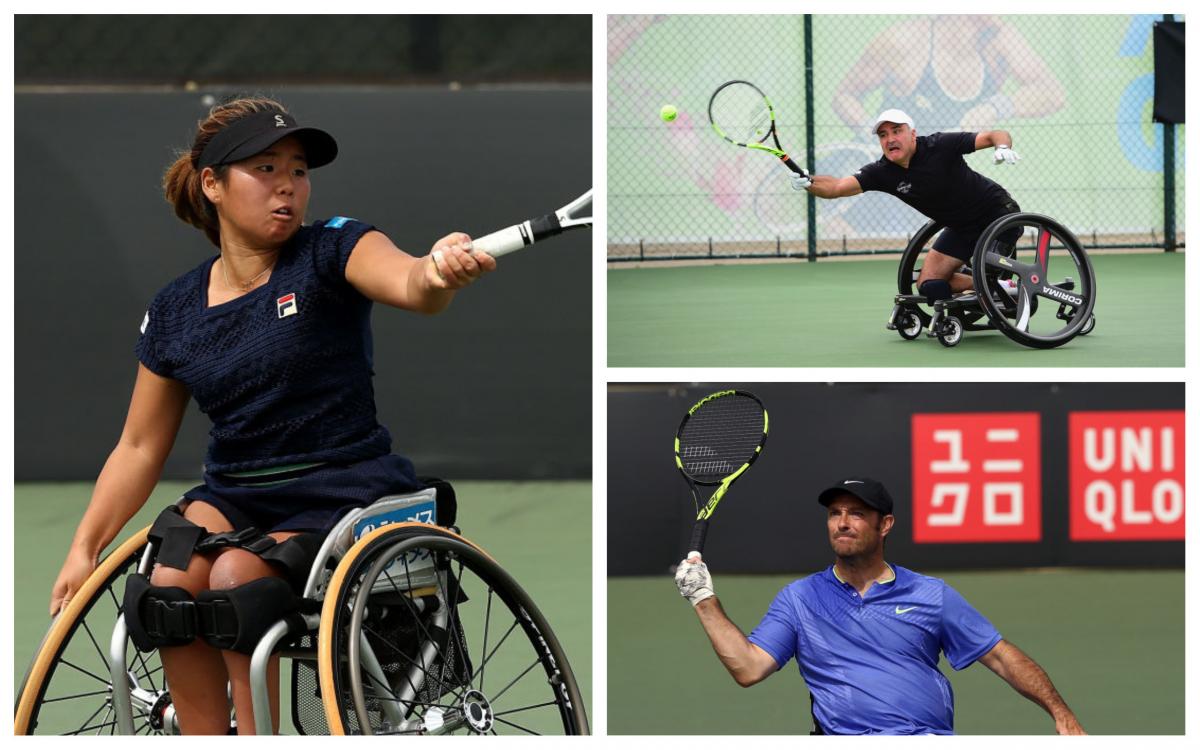 three wheelchair tennis players competing on a court