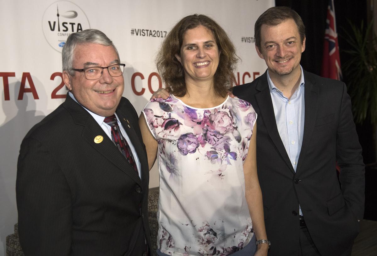 The IPC's founding President Dr. Bob Steadward, 2017 Scientific Award winner Victoria Goosey-Tolfrey and IPC President Andrew Parsons at the opening of VISTA 2017 in Toronto.