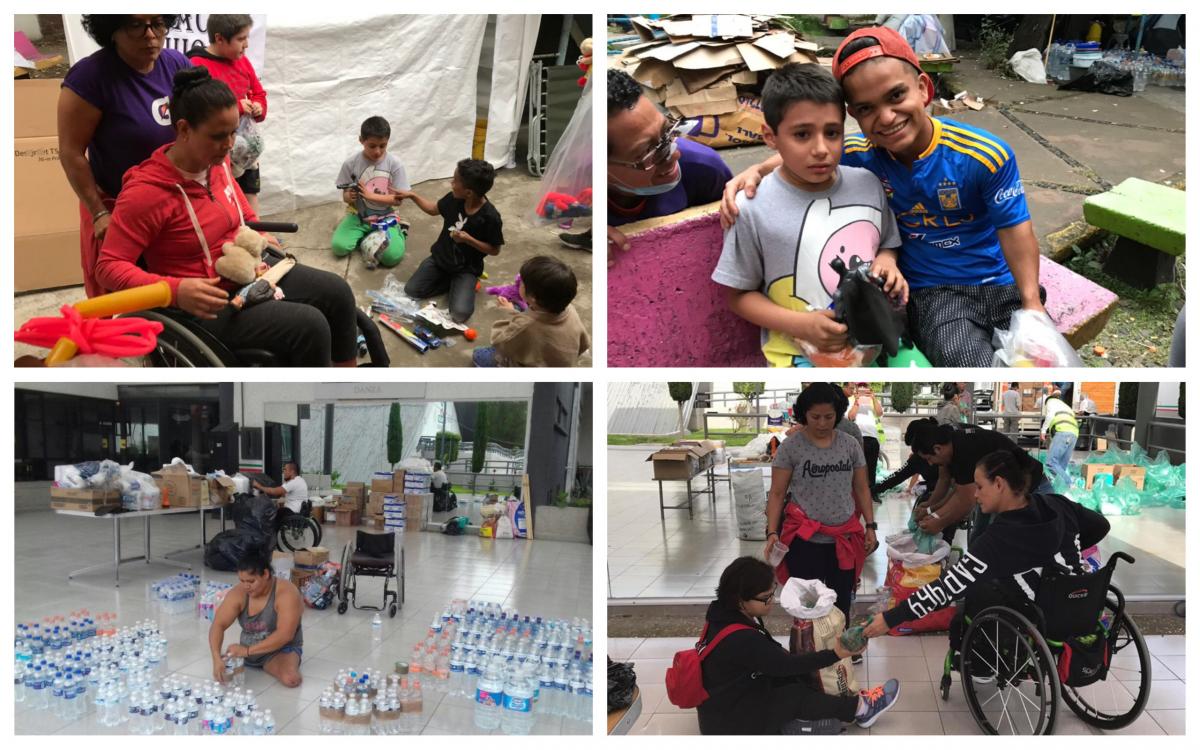 a group of Para athletes giving out toys and food to children 