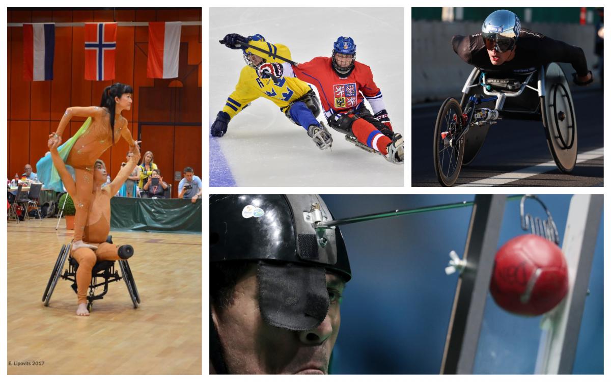 October preview - collage Para dance sport couple, wheelchair athlete, boccia player and Para ice hockey players compete at their sport