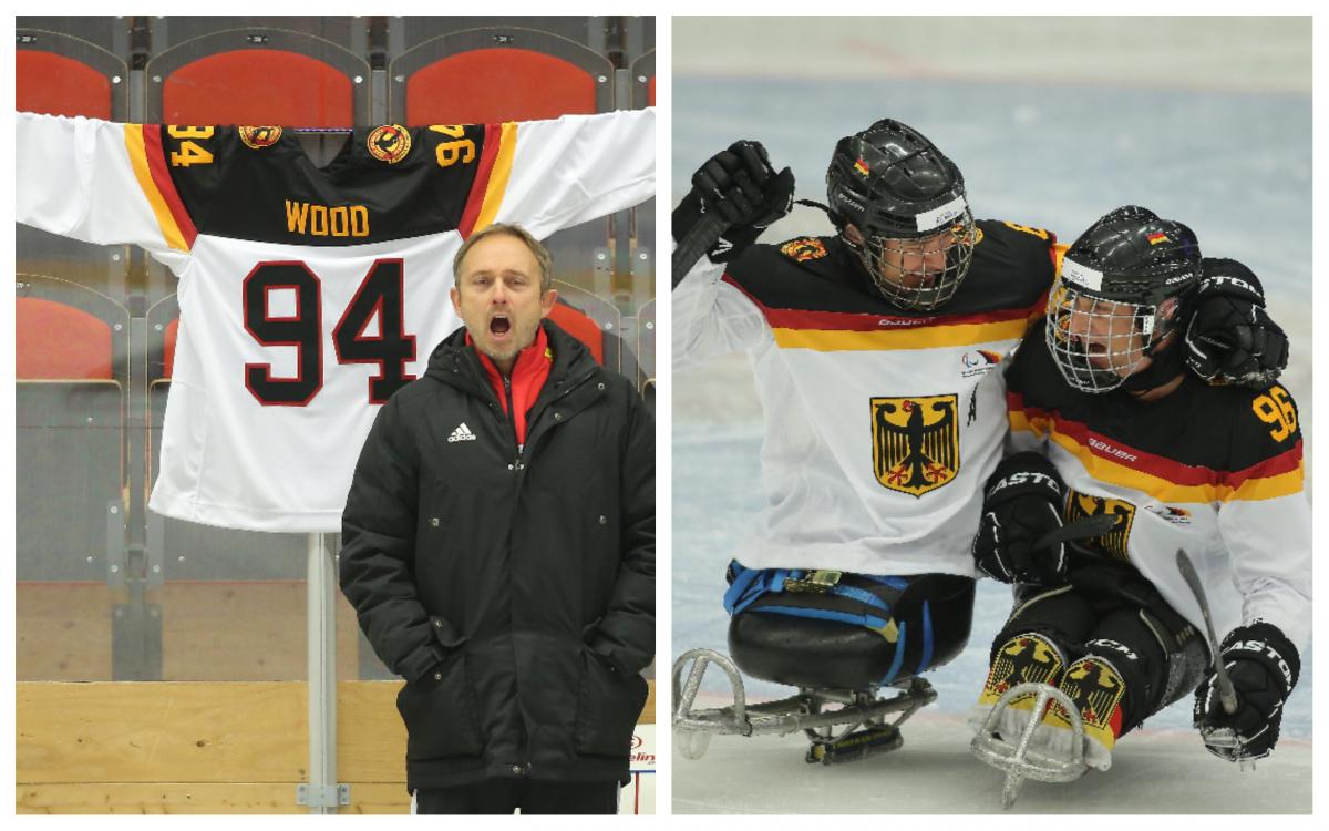 a shirt hanging on the wall of the ice rink and a pair of Para ice hockey players celebrate