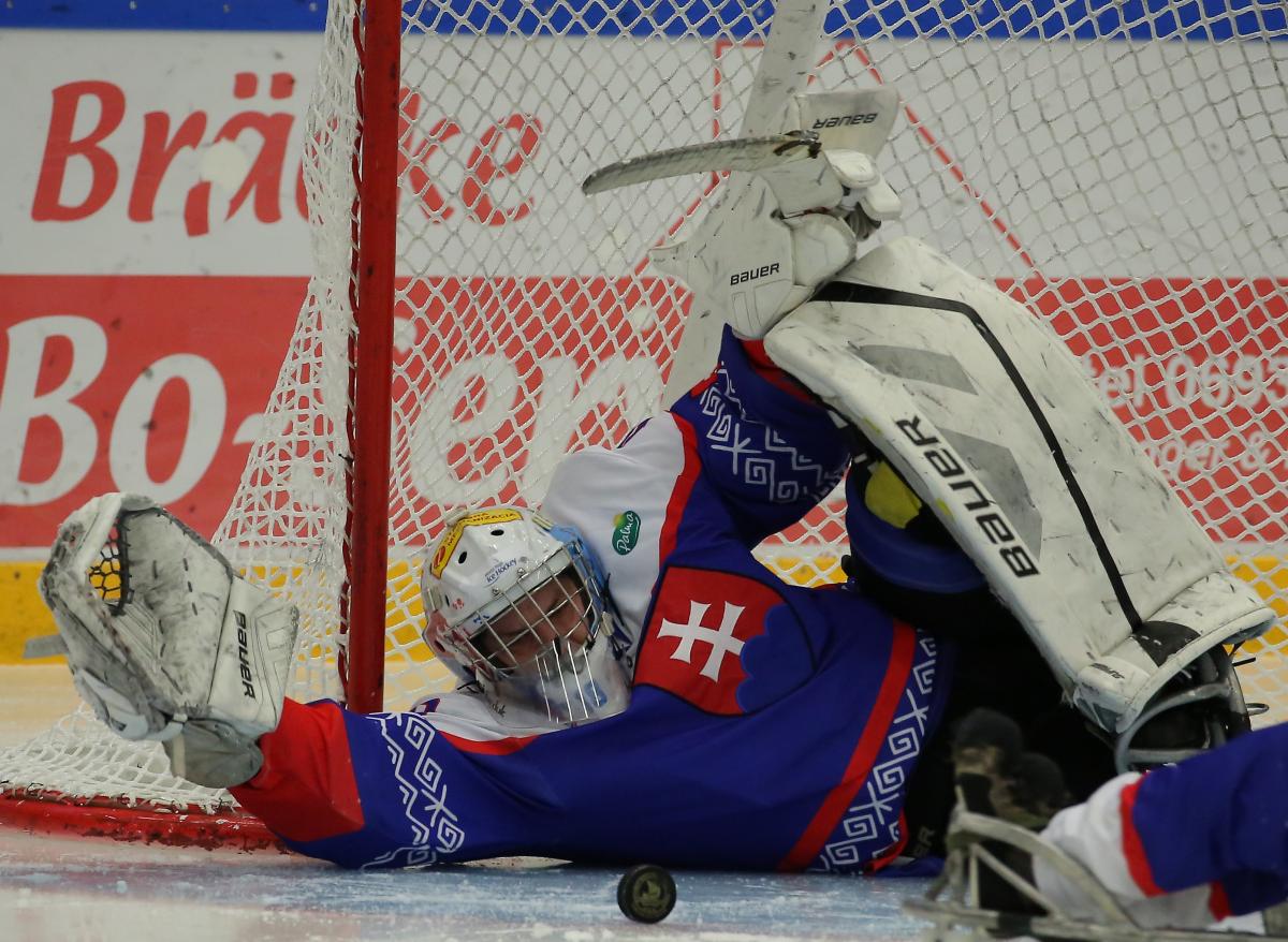 a Para ice hockey goalie saves a shot