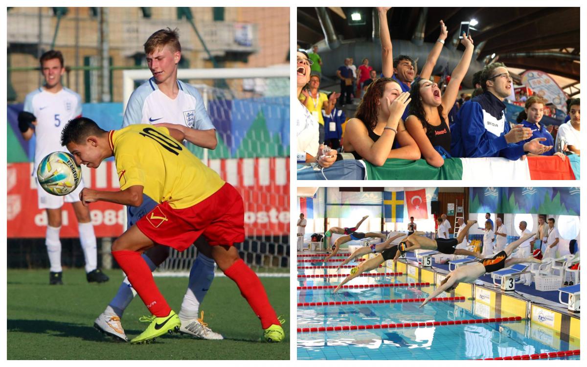 European Para Youth Games - Day 1 Para footballers challenge for the ball, fans cheering and Para swimmers diving into the pool