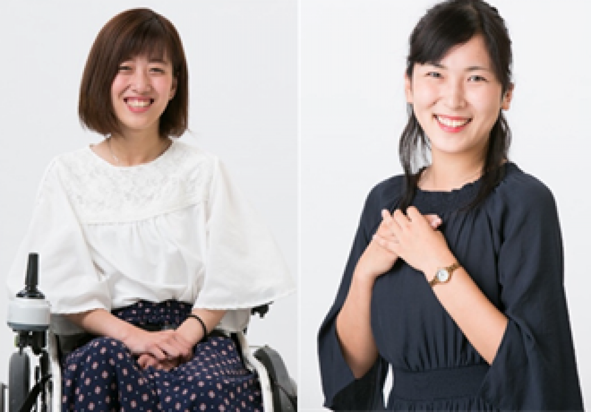 NHK presenters and reporters with impairment Two women posing, one of them in an electric wheelchair