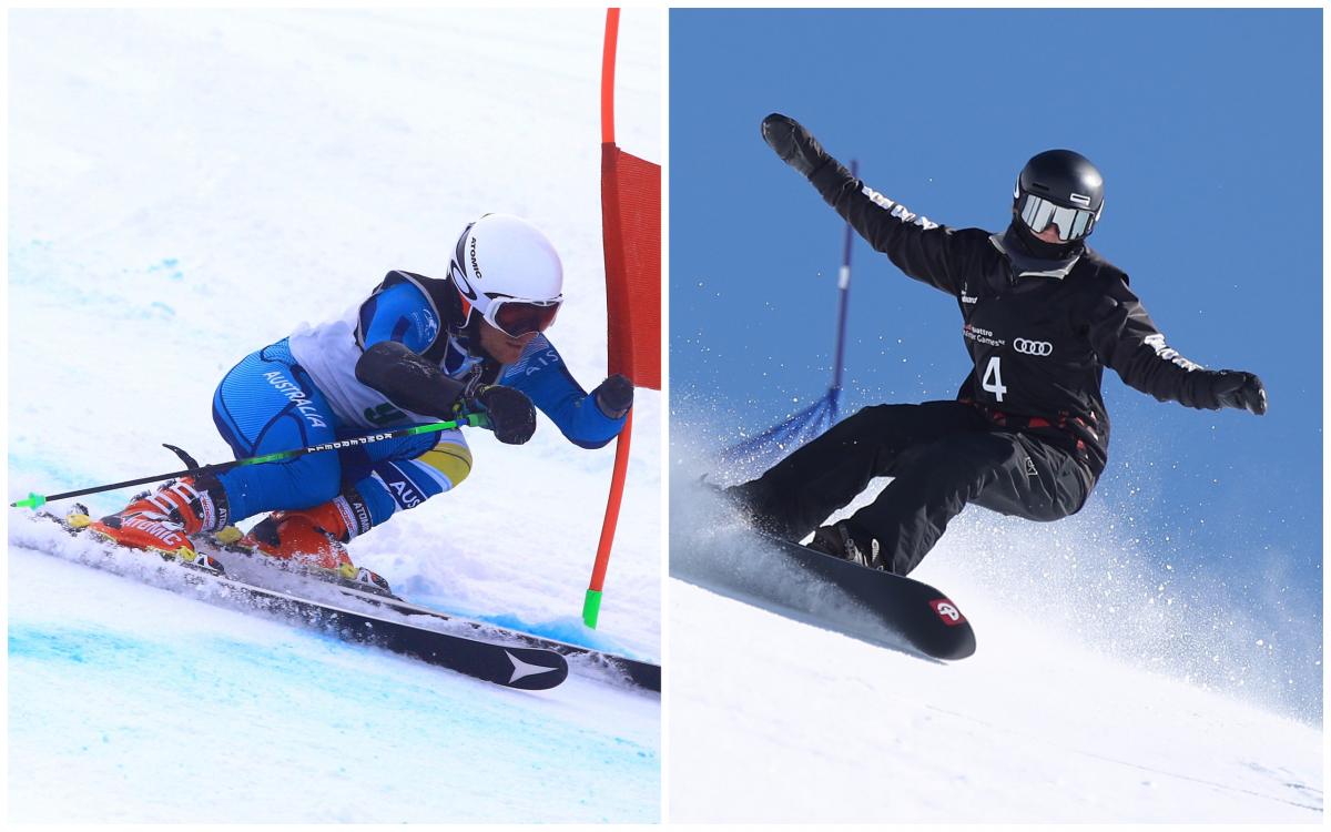a male alpine skier and a female snowboarder