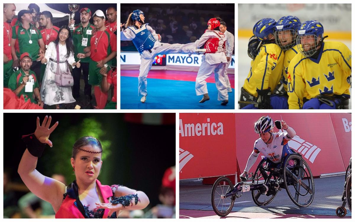 October review - collage Para athletes compete in blind football, taekwondo, ice hockey, dance and athletics